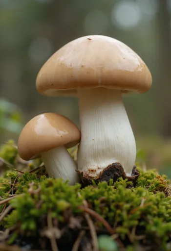 Čerstvé hřiby smrkové v lesním stylu kuchyně, na dřevěném stole