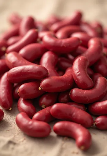 Fotorealistické červené fazole v keramické misce a na vařečce na rustikálním stole