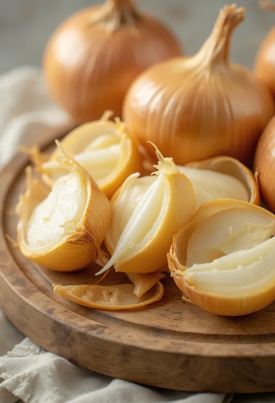 Celá a nakrájená cibule na rustikálním povrchu