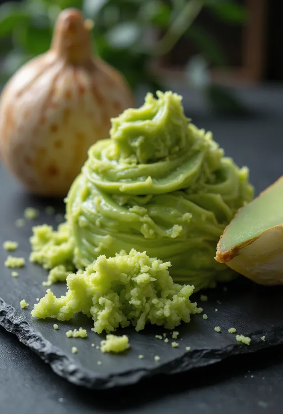 Čerstvý kořen wasabi a zelená pasta v misce na dřevěném stole