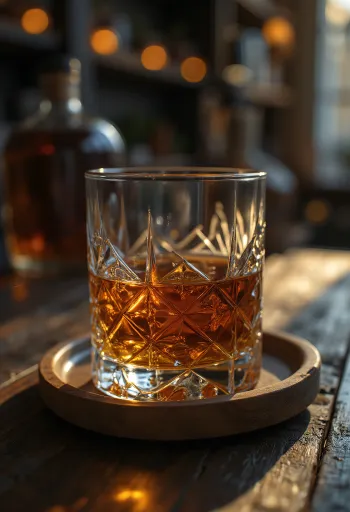 Láhev a sklenice whiskey s obilím a dubovým sudem v pozadí