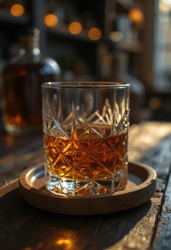 Láhev a sklenice whiskey s obilím a dubovým sudem v pozadí