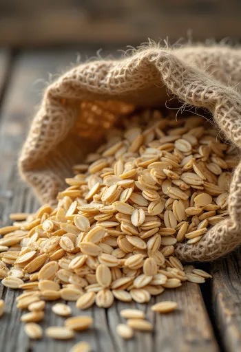 Čištěná ovesná zrna v malém pytlíku a rozsypaná na dřevěném povrchu