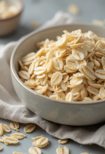 Syrové ovesné vločky v keramické misce, rozsypané na dřevěném povrchu