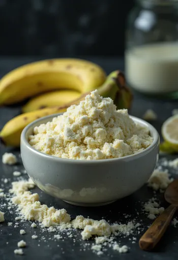 Mouka ze zelených banánů v misce a na lžíci, obklopená zelenými banány