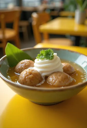 Bubur Candil, podávané s rýžovými kuličkami a kokosovým mlékem