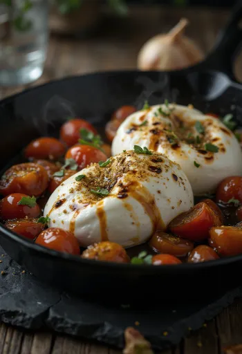 Burrata s pečenými rajčaty, podávaná s čerstvým salátem a balzamikovým octem.