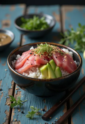 Chirashizushi s tuňákem, avokádem a čerstvým koriandrem