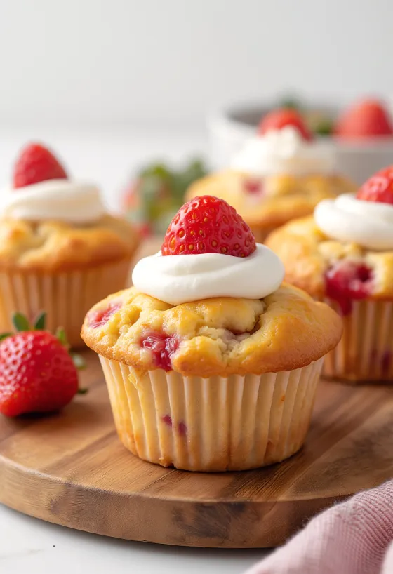 Jahodové muffiny se šlehačkou servírované