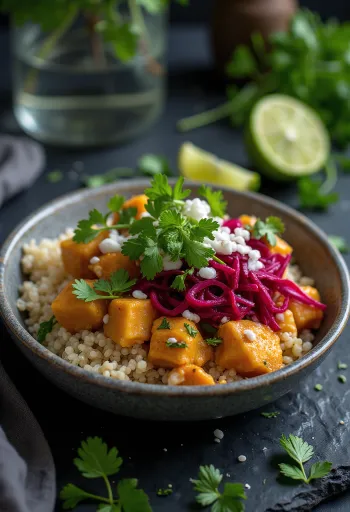 Limetková Buddha bowl s quinoou a řepným kari tofu při podávání