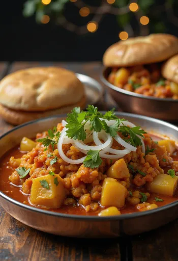 Misal pav v nagpuri verzi, v misce bohatá omáčka z mungo fazolí a brambor, podávaná s křupavou houskou