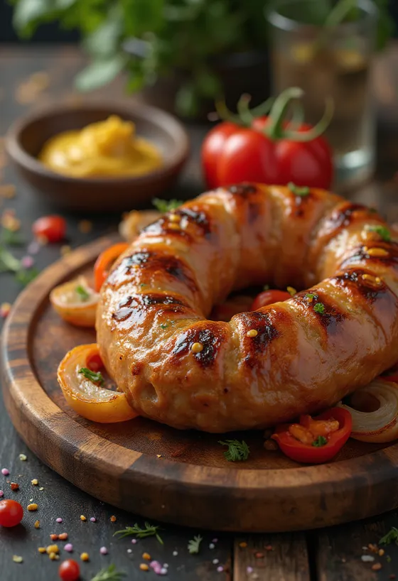 Pečená klobása opečená dozlatova, s křupavou kůrkou a podávaná s čerstvými bylinkami