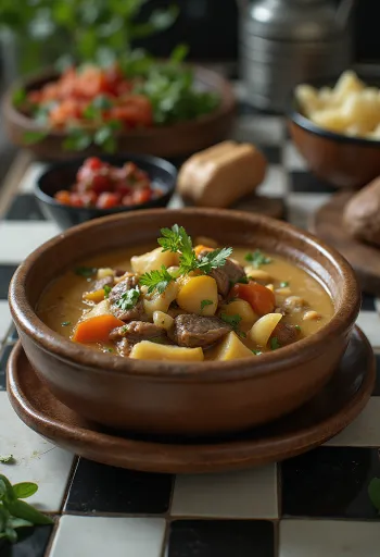 Dušené maso s jačím máslovým čajem podávané v rustikální misce s čerstvými bylinkami.