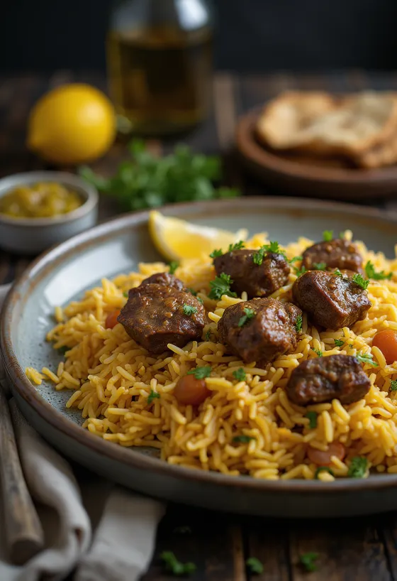 Jehněčí Biryani s bohatým, kořeněným masem a rýží Basmati, zdobené čerstvým koriandrem a mátou