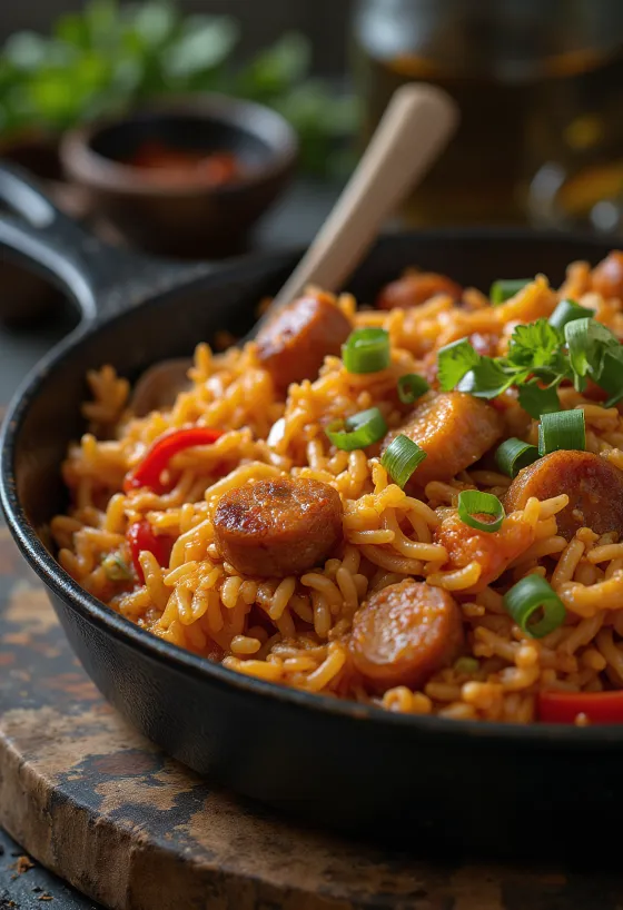 Jambalaya s kuřecím masem, bohatými chutěmi a barevnými přísadami