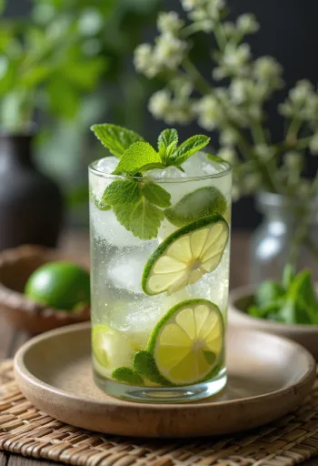 Mojito zdobené čerstvými lístky máty a plátky limetky