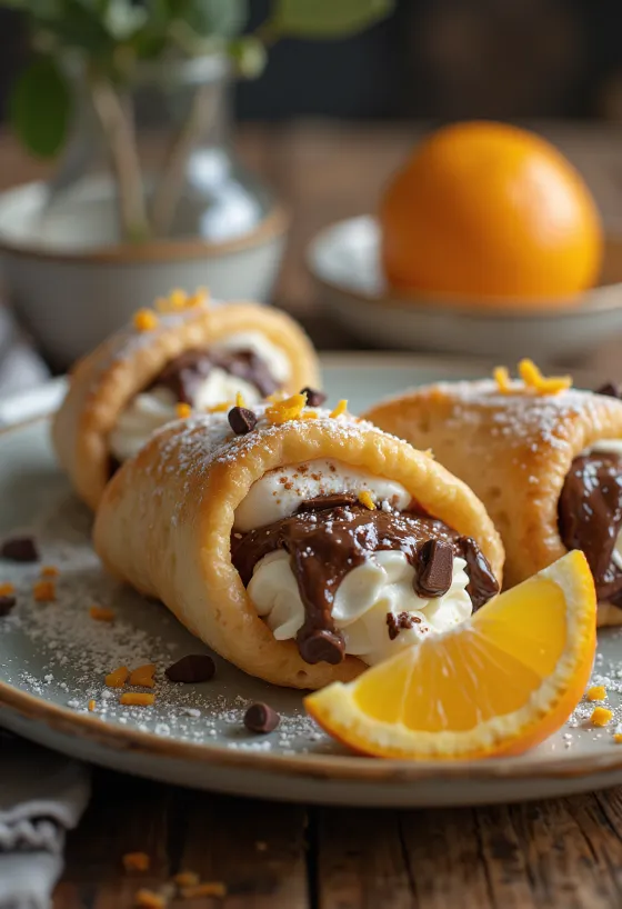 Pomerančovo-čokoládové cannoli dezert servírováno