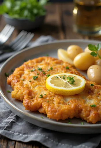 Vepřový řízek s bramborami, křupavé vepřové maso a máslové brambory