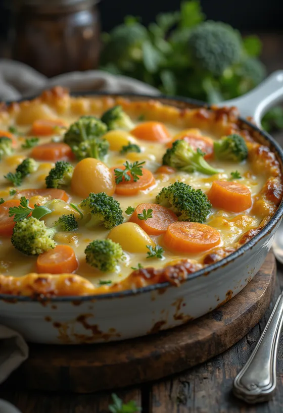 Zeleninový gratin vrstvený, upečený se sýrem a kořením.