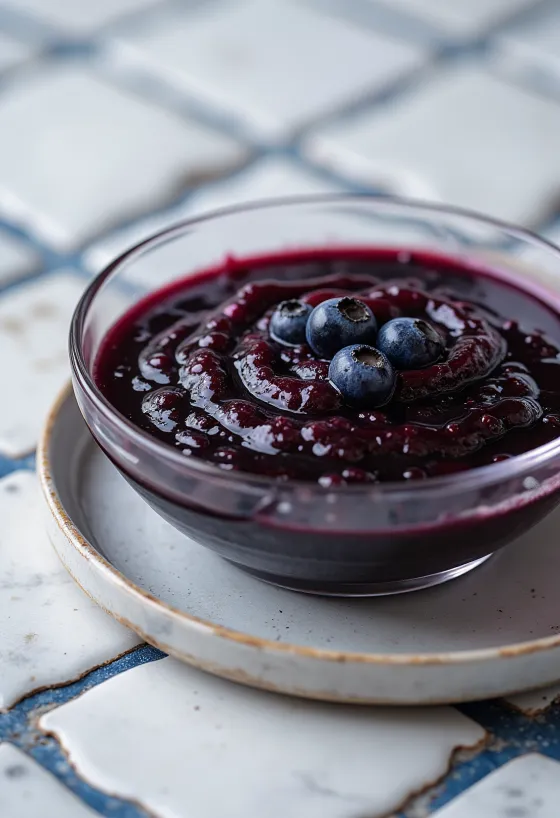 Borůvková omáčka s chilli a balzamikem v misce, zdobená čerstvými borůvkami a plátky chilli.
