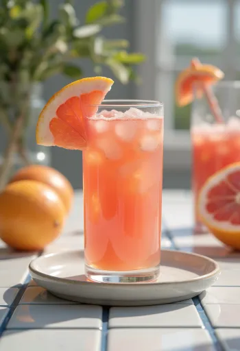 Pomerančovo-grepový džus ve vysoké sklenici, zdobený plátky pomeranče a grapefruitu