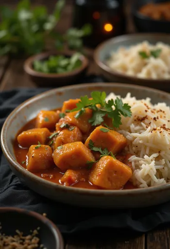 Pork Vindaloo podávané s rýží a čerstvým koriandrem