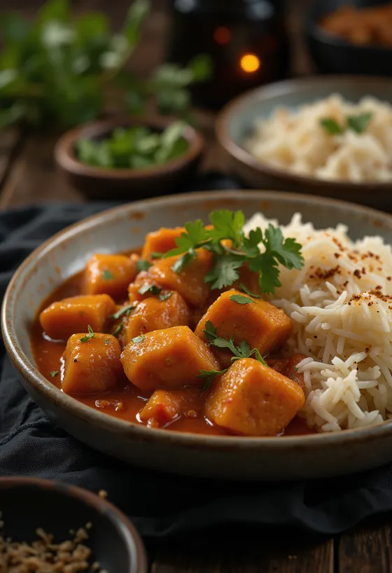 Pork Vindaloo podávané s rýží a čerstvým koriandrem