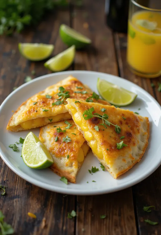 Quesadilla ochucená limetkou, plněná sýrem, opečená do křupava, nakrájená na plátky