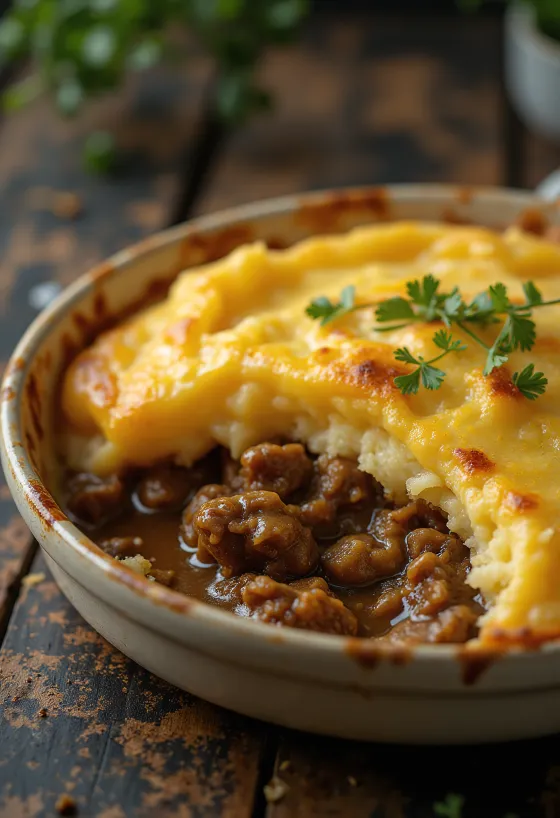 Shepherd’s pie podávaný s křupavou vrstvou bramborové kaše