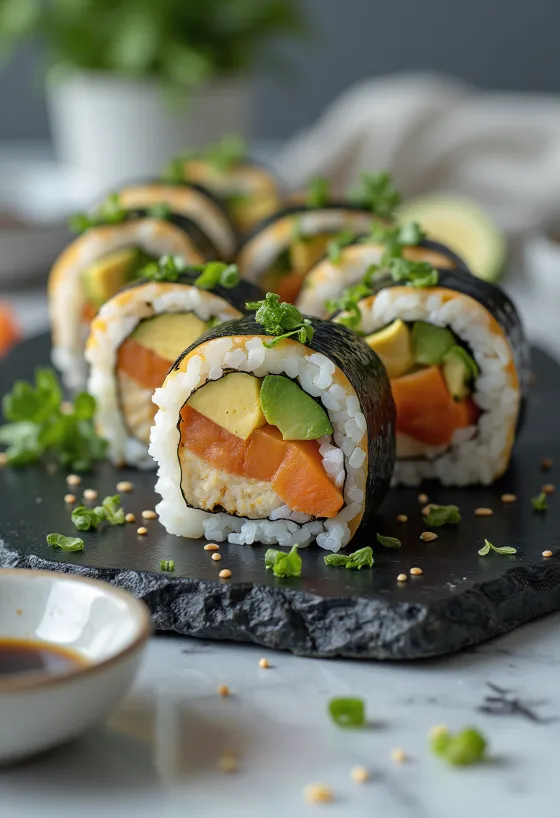 Veganské sushi s tofu, zeleninou a sójovou omáčkou