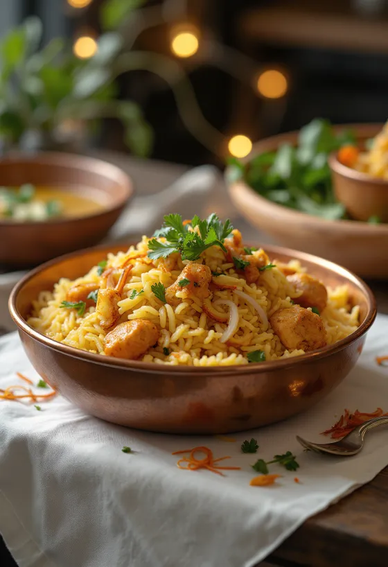 Biryani s kuřecím masem, zdobené čerstvým koriandrem a mátou