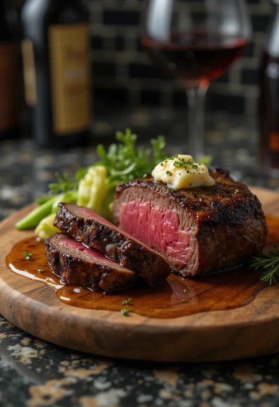 Steak Chateaubriand, podávaný s dušenou zeleninou a máslem