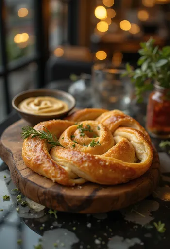 Burek s hummusem servírovaný na talíři