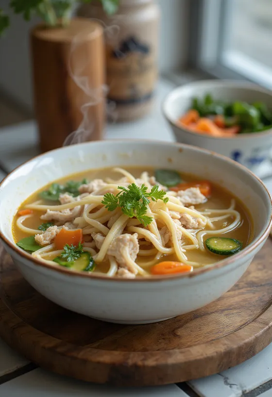 Nokdu kalguksu, korejské nudle s kuřecím masem a zeleninou v hustém vývaru