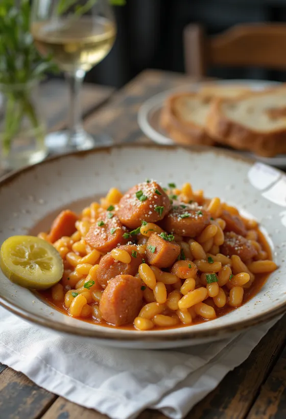 Pastevecká tarhoňa s uzenou klobásou a bramborami, posypaná čerstvou petrželkou