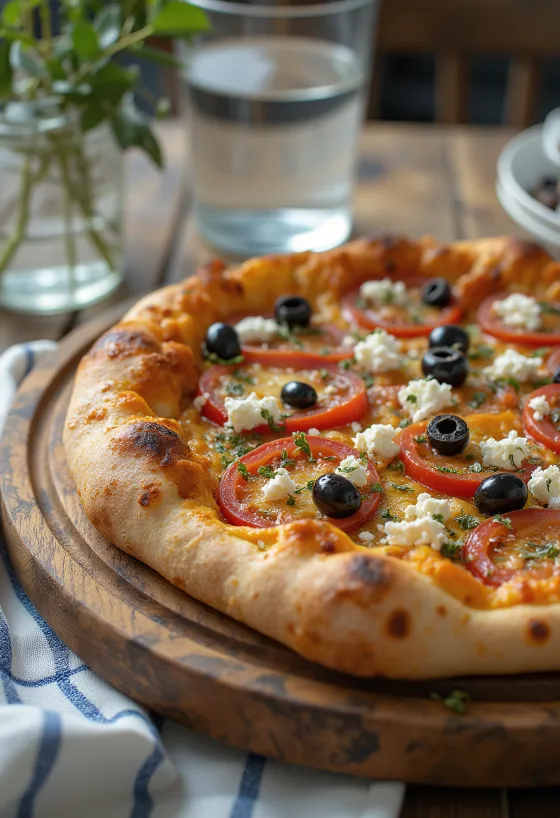 Pizza Greca se sýrem feta, černými olivami a čerstvými rajčaty