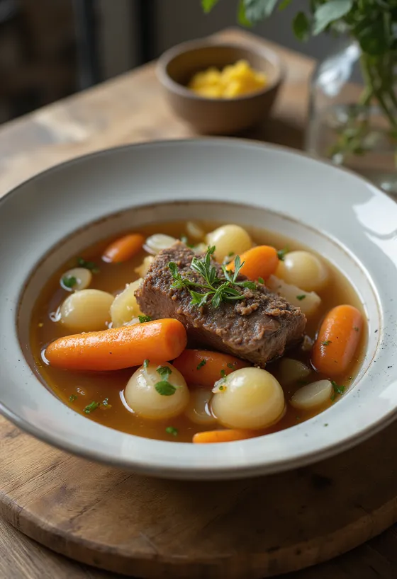 Pot-au-feu, tradiční francouzská masová polévka se zeleninou