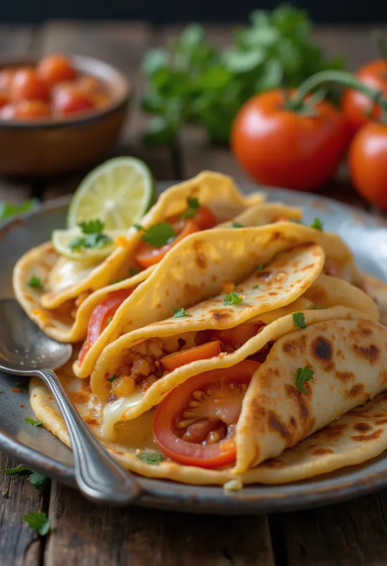 Quesadilla plněná rajčaty, s rozteklým sýrem, opečená do křupava