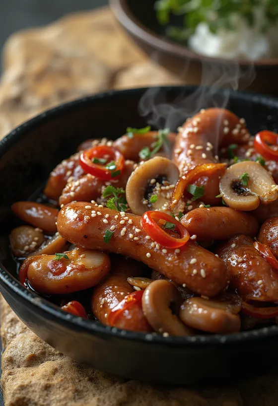 Sundae Jeongol Bokkeum, korejské jídlo s krvavým jelitem, houbami, červeným chilli a koriandrem