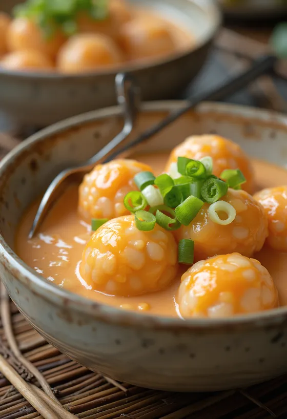 Tteokbokki se smetanovou omáčkou, korejské rýžové koláčky v pikantní smetanové omáčce s vejci a kimchi
