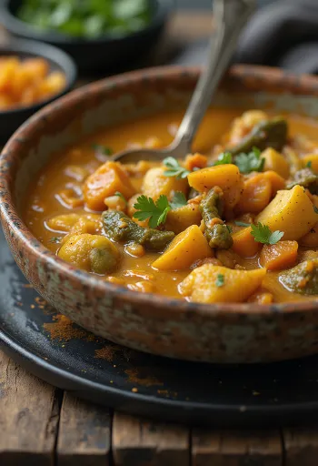 Veganské kari se šťavnatou zeleninou a ozdobené čerstvým koriandrem