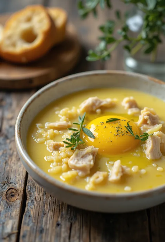 Avgolemono s celými vejci, řecká vaječno-citronová polévka, s rýží a zeleninou