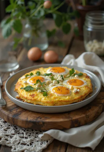 Frittata s lilkem a sýrem Feta pečená v pánvi, posypaná čerstvou petrželkou