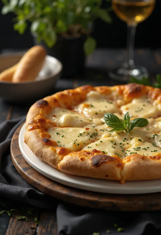 Sýrová pizza Quattro Formaggi servírovaná na prkénku