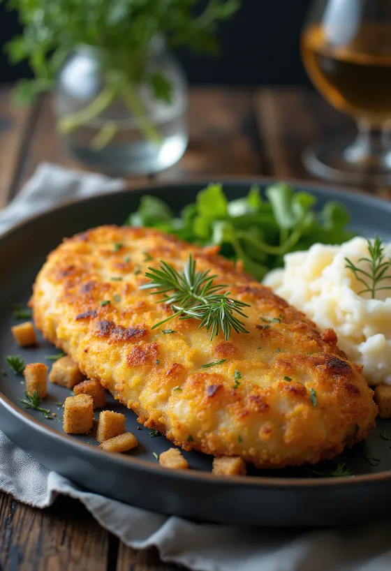 Pozharsky cutlet, ruský kuřecí karbanátek s máslem a strouhankou, podávaný s bramborovou kaší