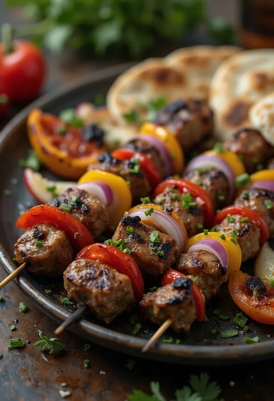 Šiš kebab grilované maso a zelenina na jehle
