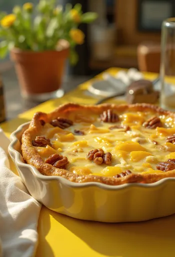 Quiche se sýrem Brie a ořechy nakrájený na talíři