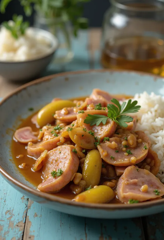 Řeznické tokáň se šťavnatým vepřovým masem, uzenou klobásou a nakládanou okurkou