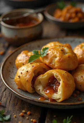 Khasta kachori se sladkou tamarindovou omáčkou, čerstvé a kořeněné