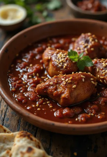 Mole rojo s kuřecím masem, v bohaté chilli omáčce
